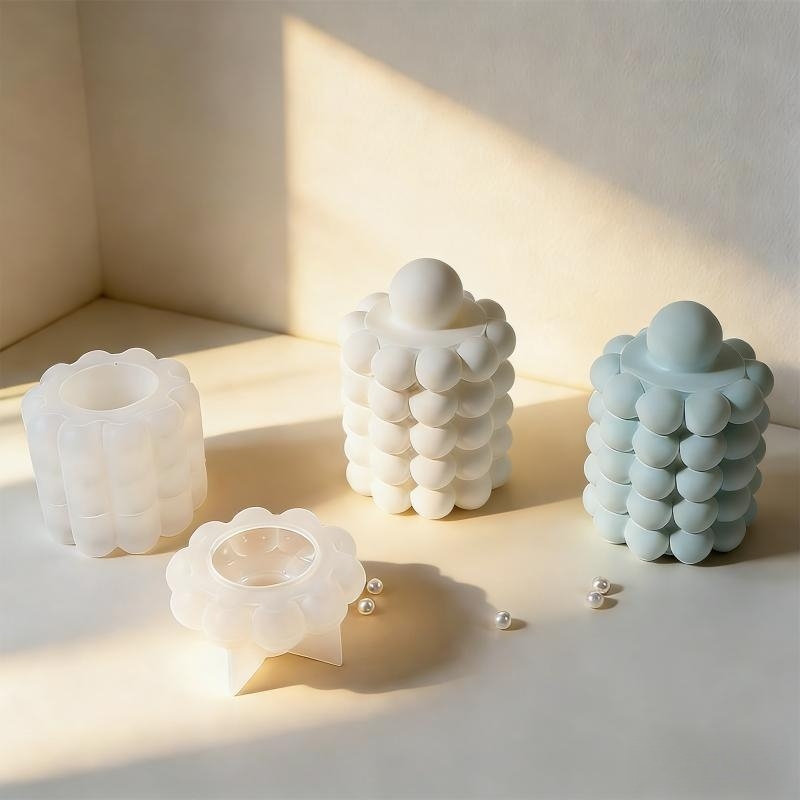 Ceramic Candle Vessel - 丸い泡の形の石膏収納ボックスシリコンモールドDIY正方形キャンドルカップ収納ジャー セメント製ホームデコレーションモールド