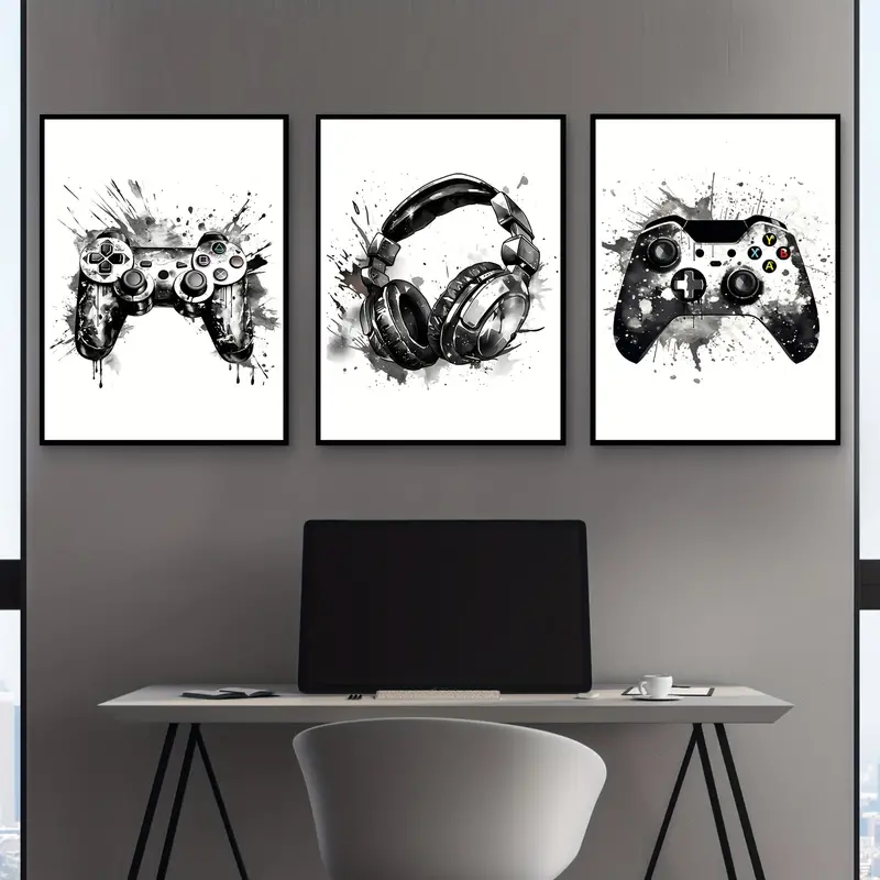 Abstract Canvas Set - 3枚組フレームレスキャンバス絵画 3枚セット ゲーミンググラフィティ ゲームパッド イヤホン 面白いウォールアート