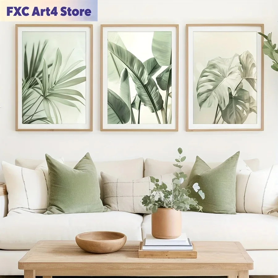 Abstract Canvas Set - フレームレス2Dフラット、3枚セットのトロピカルプラントウォールアートデコ絵画、セージグリーンのヤシの葉の壁飾り、2D/フラットフレームレスCa