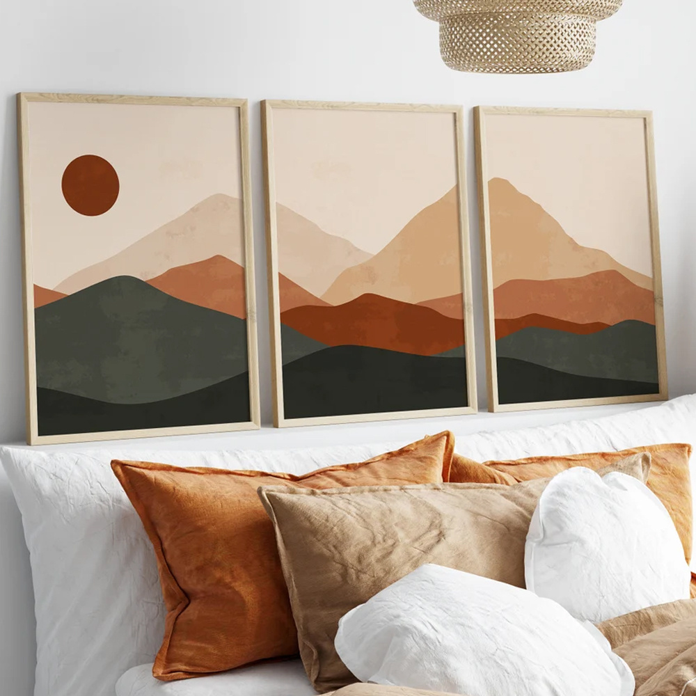 Abstract Canvas Set - 3 ピース/セットボヘミアン抽象的な日の出の山の景色キャンバス印刷日本の風景壁アートポスター現代の家の装飾ギフト用