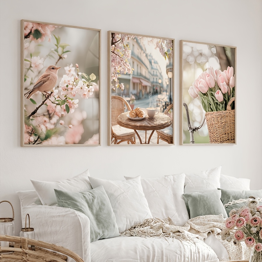 Abstract Canvas Set - 3 ピース/セットロマンチックなパリの街のキャンバスプリント花鳥チューリップ屋外カフェ壁アートポスター春の農家家の装飾用