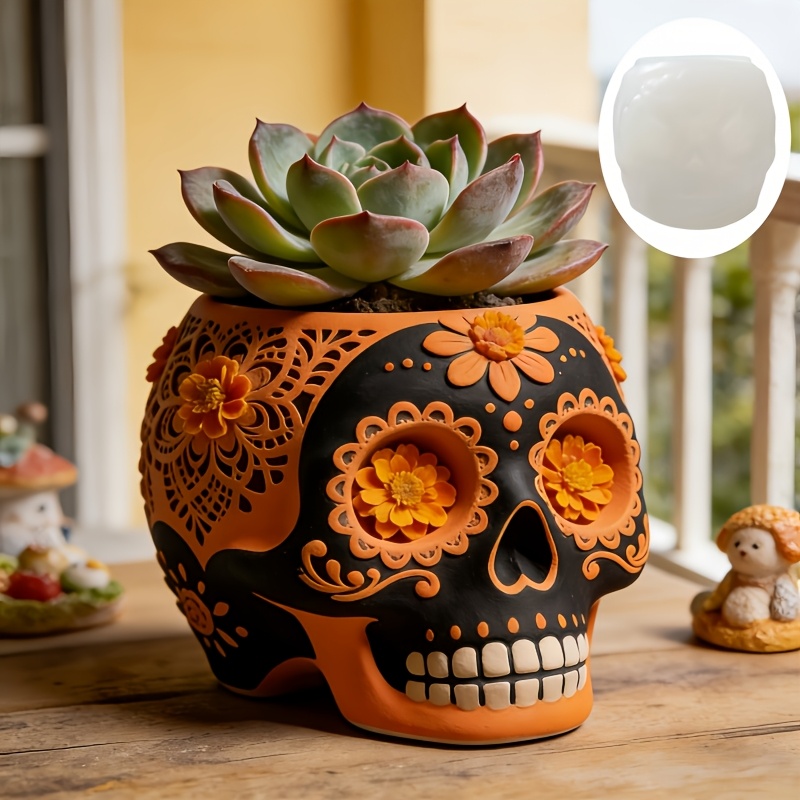 Ceramic Candle Vessel - 花のレリーフが施された頭蓋骨型多肉植物用植木鉢、樹脂シリコンモールド、菊のレリーフ収納ボックス、キャンドルカップ、石膏モールド
