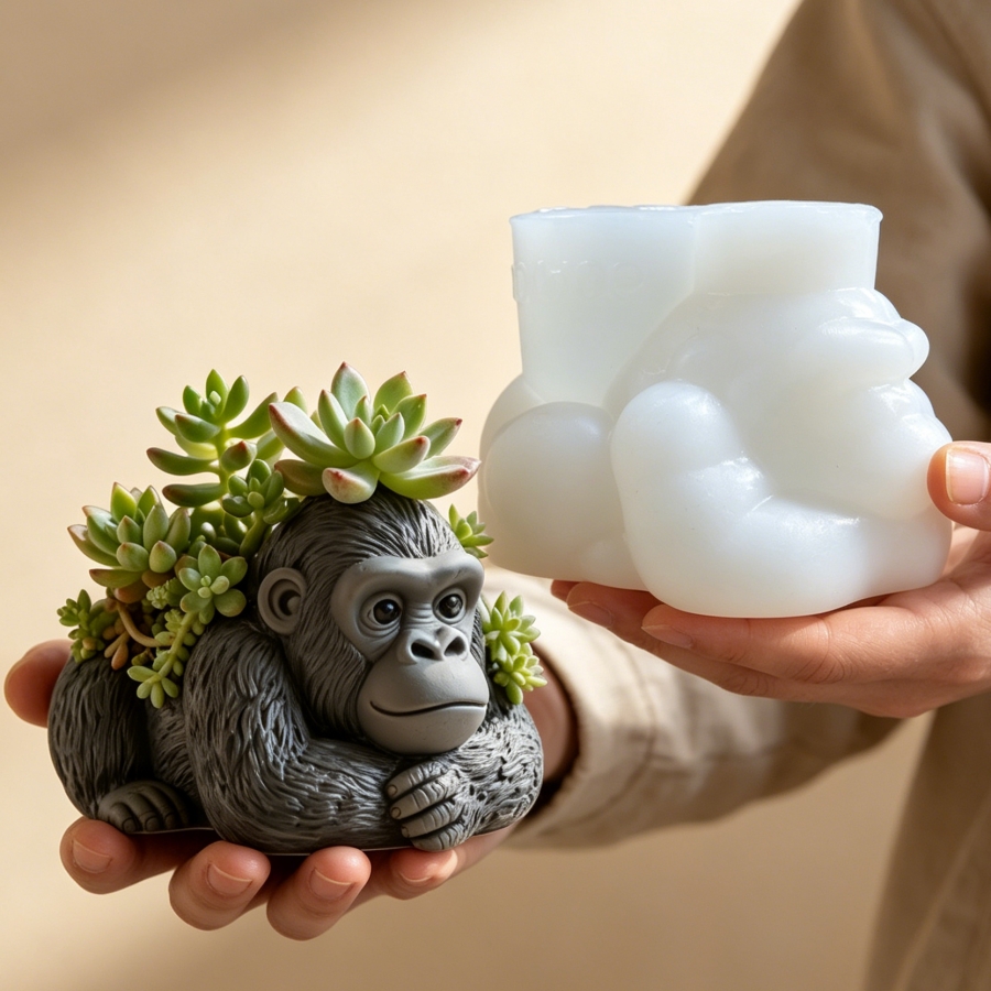Ceramic Candle Vessel - 寝そべるゴリラの多肉植物鉢、樹脂シリコンモールド、かわいいゴリラの収納ボックス、キャンドルカップ、石膏モールド、クリスマスプレゼント