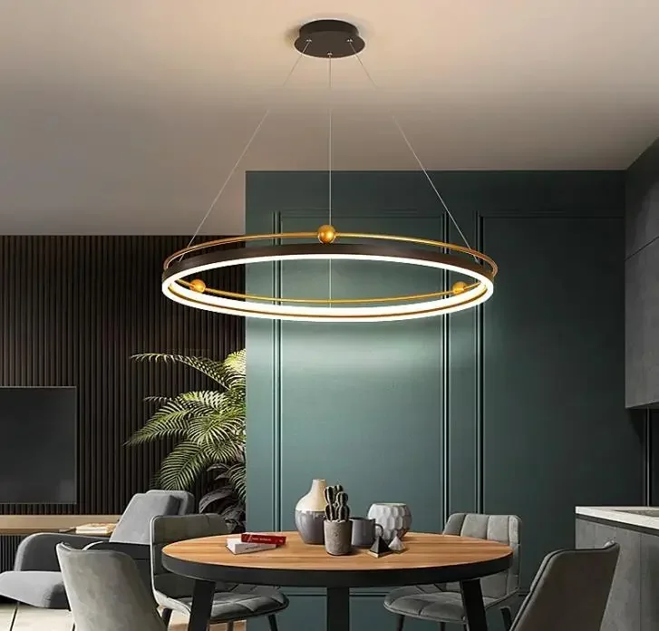 Engineering And Interior Design - モダンなLEDシャンデリア、インテリアデザインエンジニアリング照明用サークルライト、ラインハンギング、ブラックゴールドLEDリングシャンデリアランプ