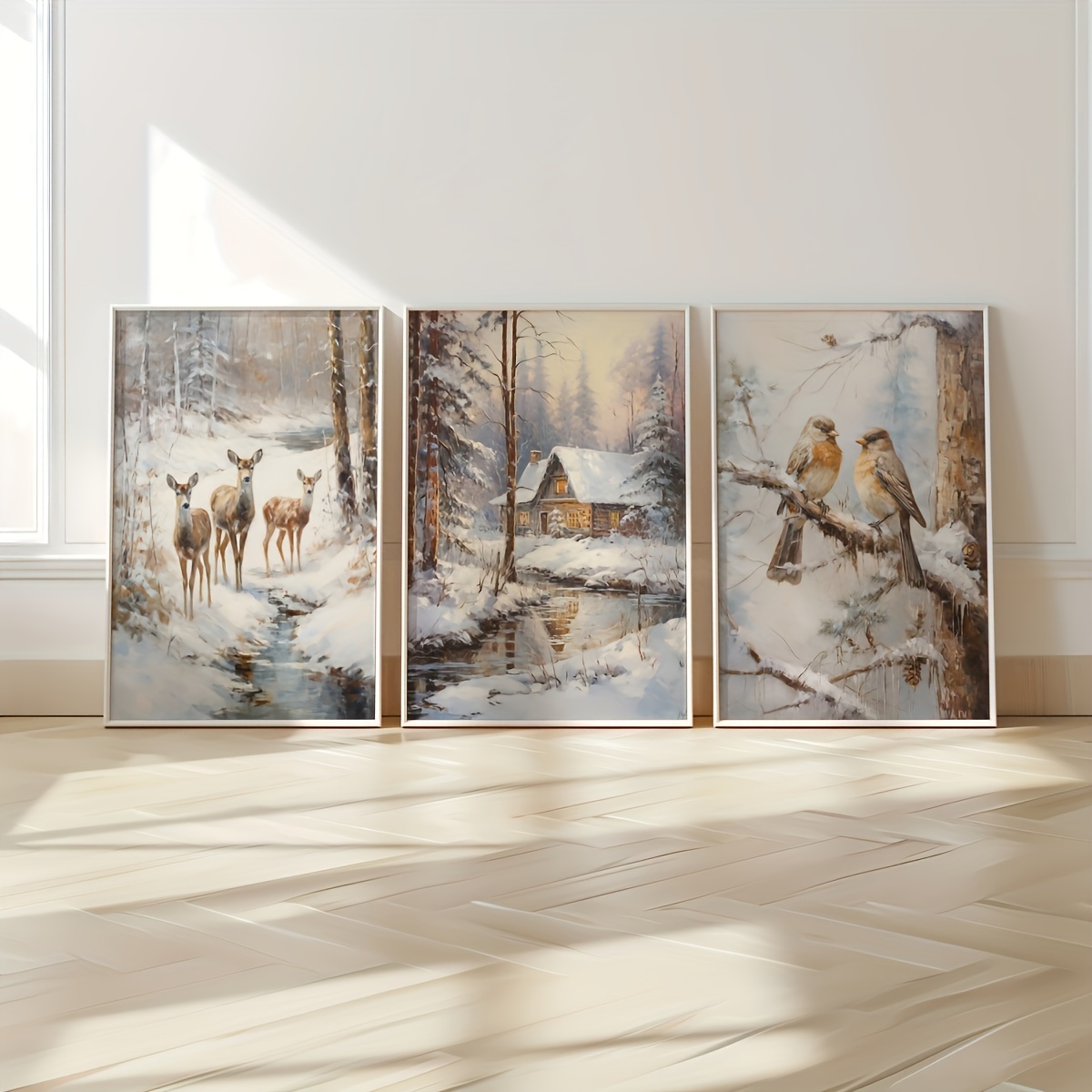 Abstract Canvas Set - 3 個フレームレスキャンバス絵画/セットレトロ鹿鳥雪小屋キャンバスポスター森林風景クリスマスウォールアートポスターモダン用