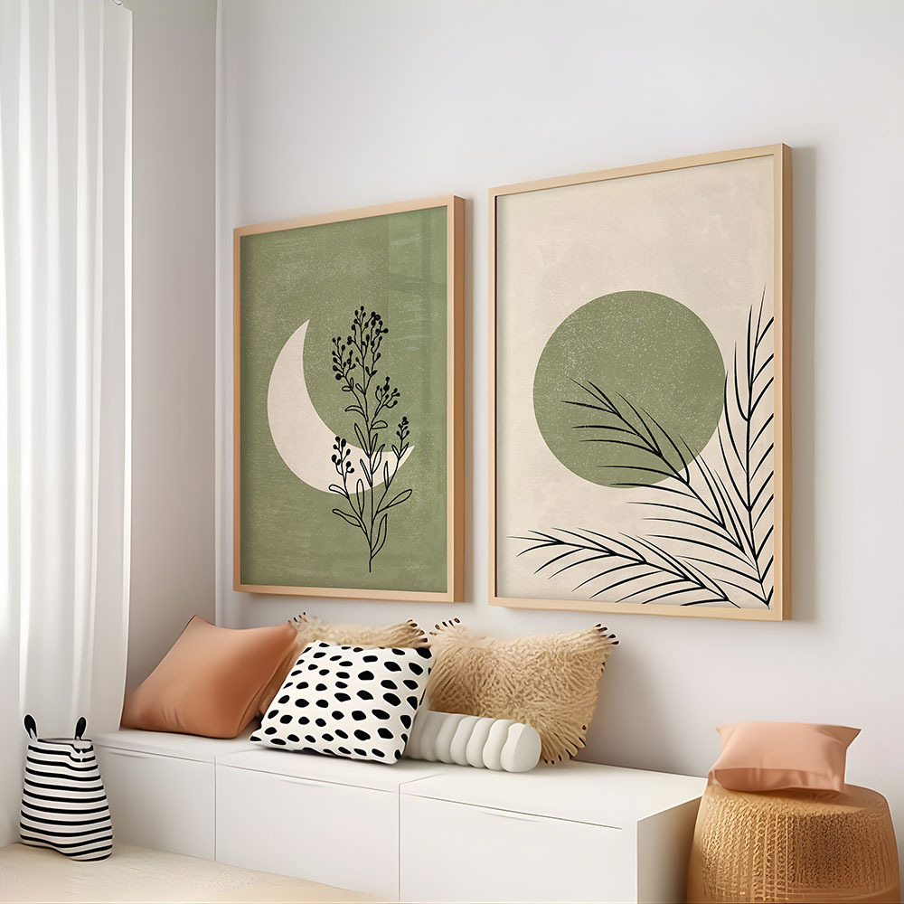 2枚セット ボヘミアン風 植物 月 太陽 キャンバスポスター - Abstract Canvas Set のレビューと価格