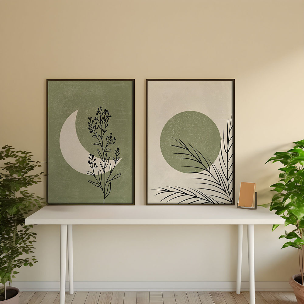 2枚セット ボヘミアン風 植物 月 太陽 キャンバスポスター - Abstract Canvas Set のレビューと価格