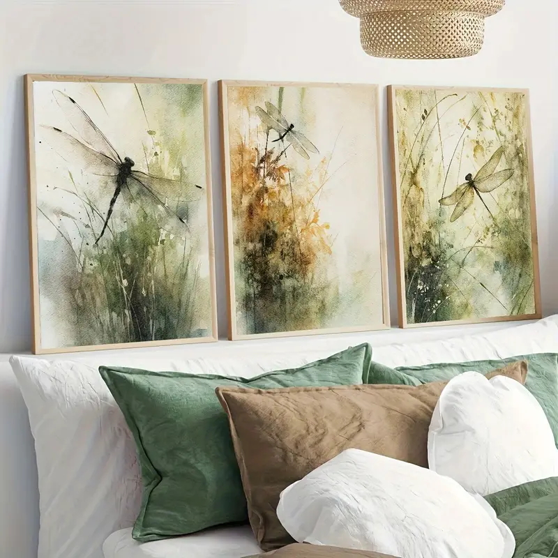 3枚セット 北欧風 ドラゴンフライ 水彩画 植物 キャンバス - Abstract Canvas Set のレビューと価格