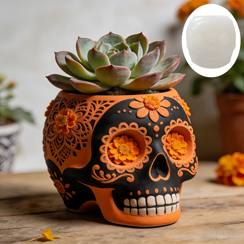 花のレリーフが施された頭蓋骨型多肉植物用植木鉢、樹脂シリコン - Ceramic Candle Vessel のレビューと価格