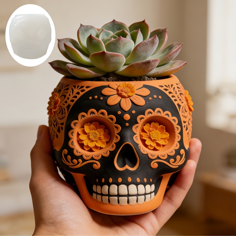 花のレリーフが施された頭蓋骨型多肉植物用植木鉢、樹脂シリコン - Ceramic Candle Vessel のレビューと価格