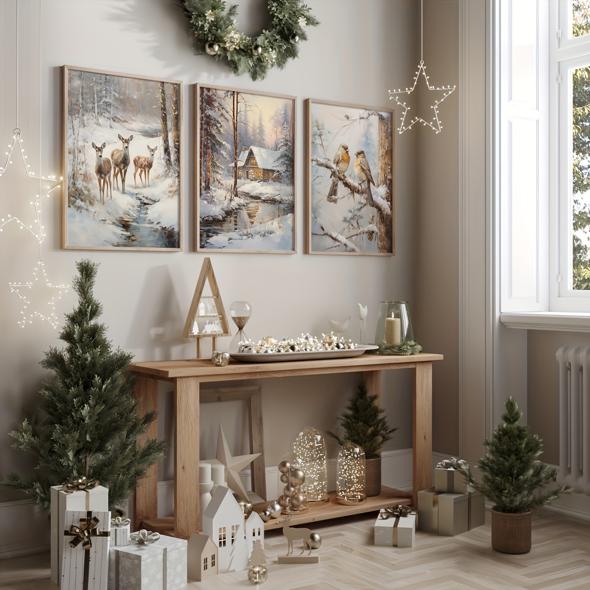 3 個フレームレスキャンバス絵画/セットレトロ鹿鳥雪小屋キャ - Abstract Canvas Set のレビューと価格