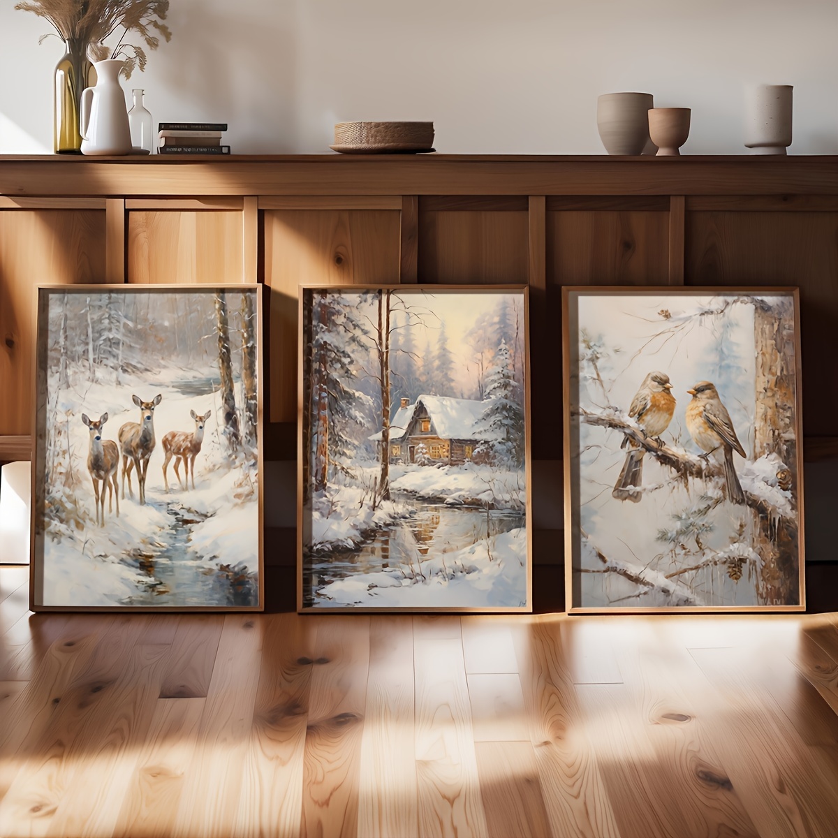 3 個フレームレスキャンバス絵画/セットレトロ鹿鳥雪小屋キャ - Abstract Canvas Set のレビューと価格
